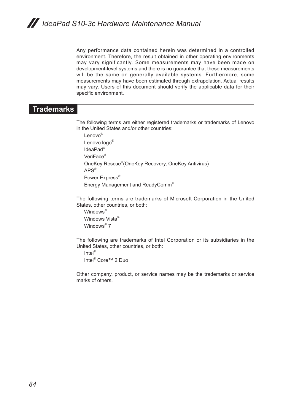 Trademarks, Ideapad s10-3c hardware maintenance manual | Lenovo IdeaPad S10-3c User Manual | Page 88 / 88