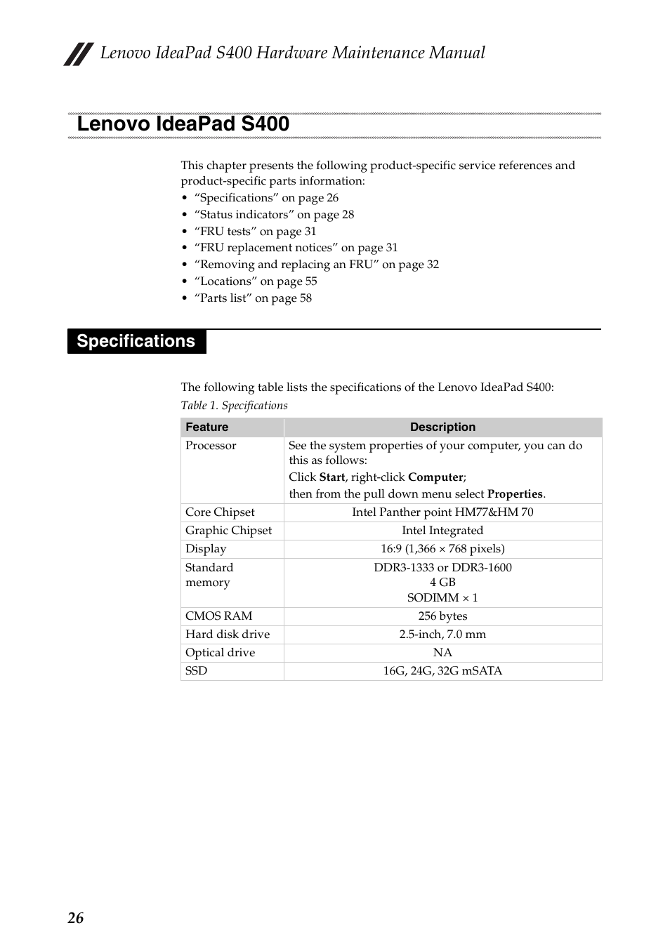 Lenovo ideapad s400, Specifications, Lenovo ideapad s400 specifications | Lenovo ideapad s400 hardware maintenance manual | Lenovo IdeaPad S400u Notebook User Manual | Page 30 / 83