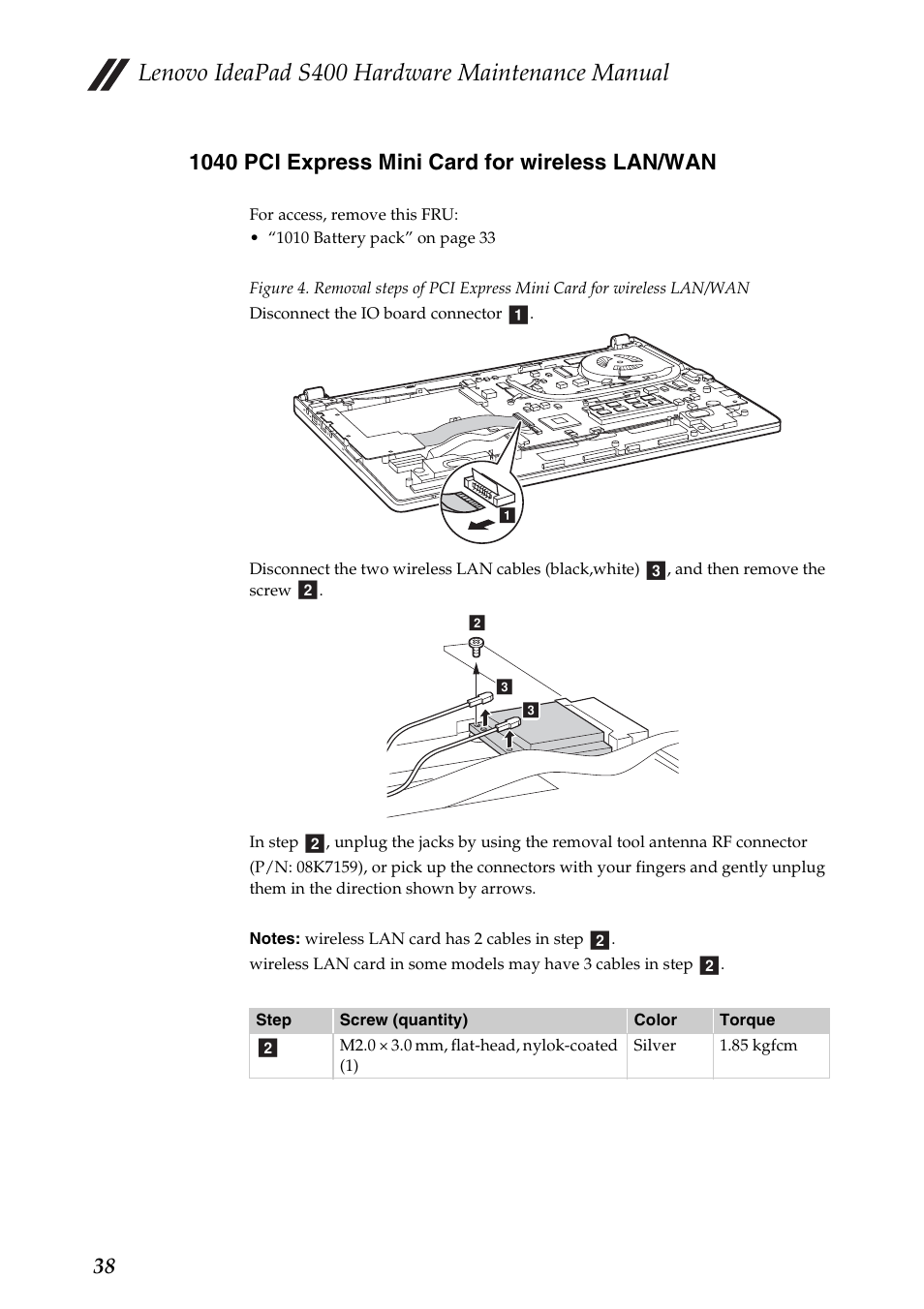 1040 pci express mini card for wireless lan/wan, Lenovo ideapad s400 hardware maintenance manual | Lenovo IdeaPad S400u Notebook User Manual | Page 42 / 83