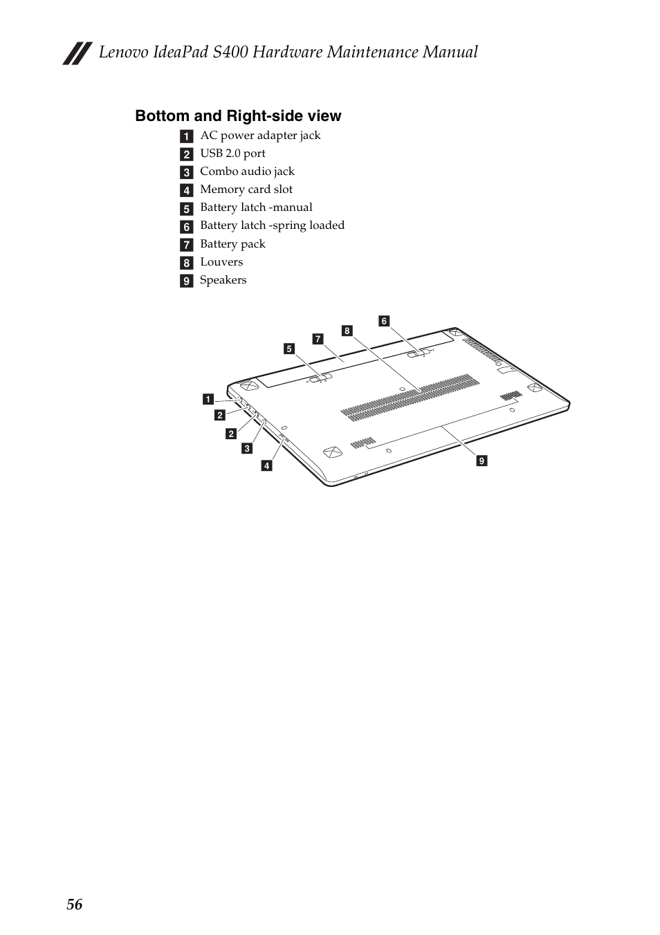 Bottom and right-side view, Lenovo ideapad s400 hardware maintenance manual, 56 bottom and right-side view | Lenovo IdeaPad S400u Notebook User Manual | Page 60 / 83