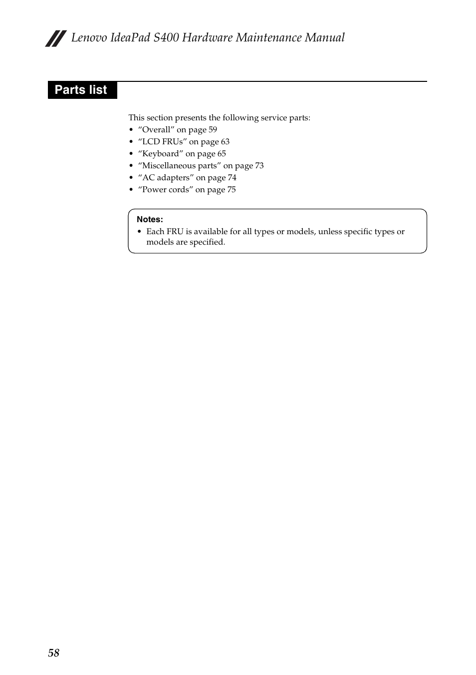 Parts list, Lenovo ideapad s400 hardware maintenance manual | Lenovo IdeaPad S400u Notebook User Manual | Page 62 / 83