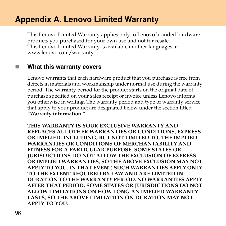 Appendix a. lenovo limited warranty | Lenovo E43 Notebook User Manual | Page 104 / 142
