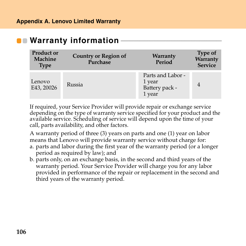 Warranty information | Lenovo E43 Notebook User Manual | Page 112 / 142