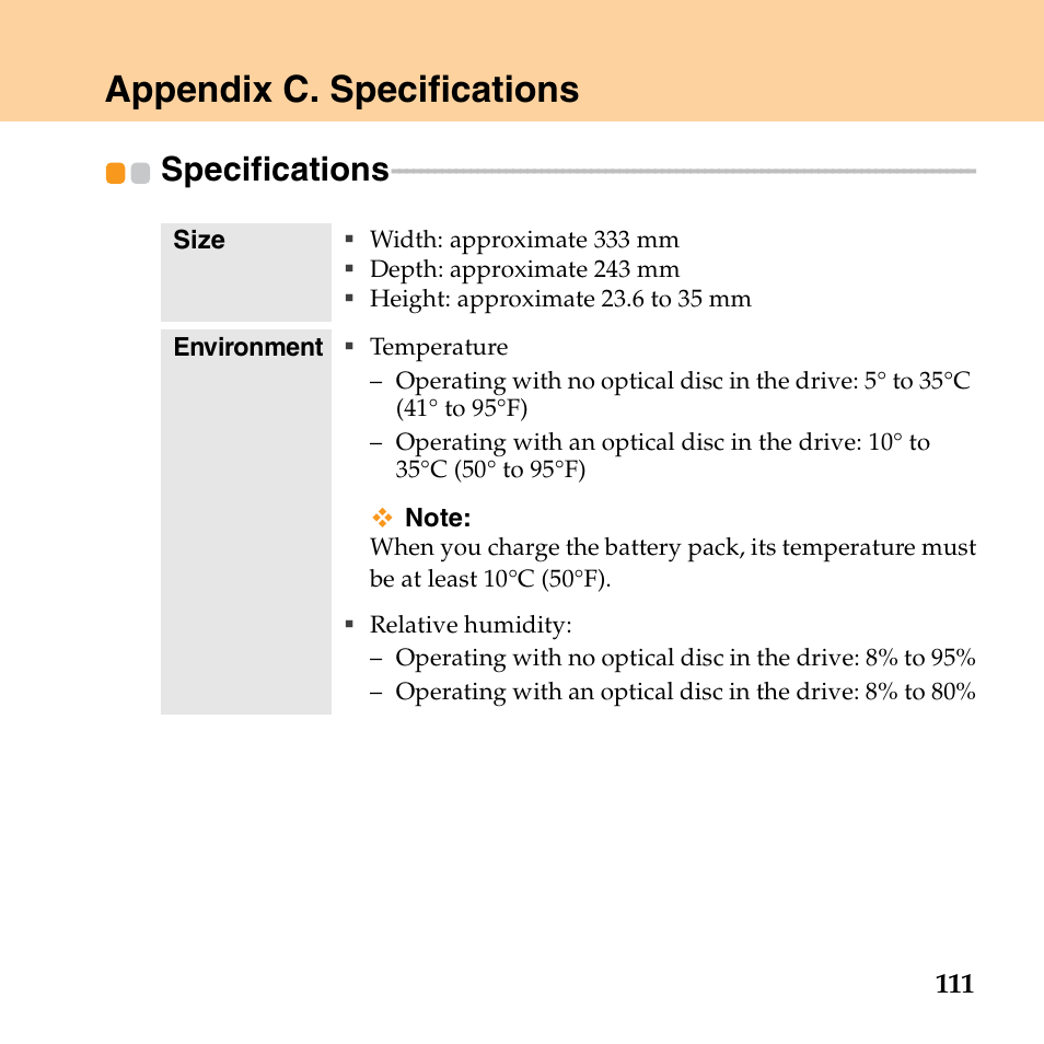 Appendix c. specifications, Specifications | Lenovo E43 Notebook User Manual | Page 117 / 142