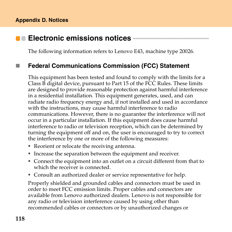 Electronic emissions notices | Lenovo E43 Notebook User Manual | Page 124 / 142