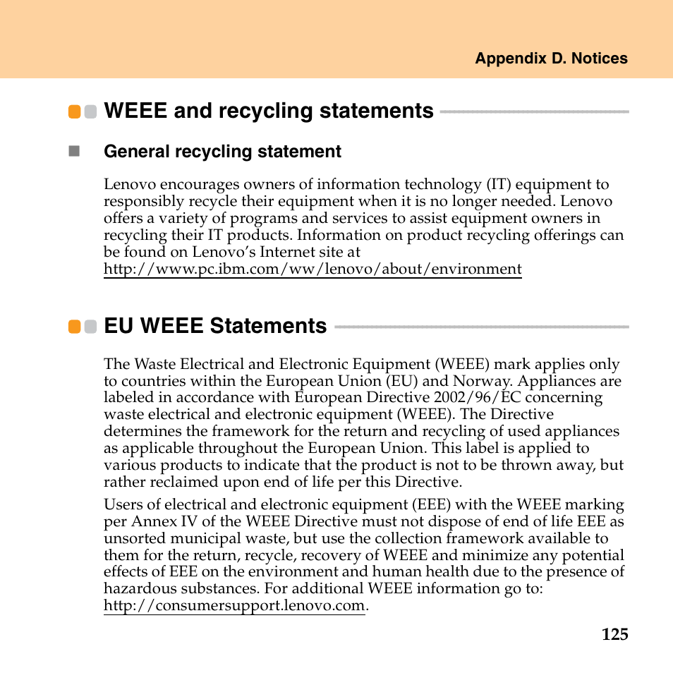 Weee and recycling statements, Eu weee statements, Weee and recycling statements eu weee statements | Lenovo E43 Notebook User Manual | Page 131 / 142