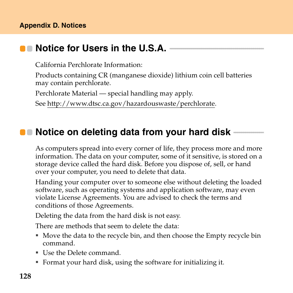 Notice for users in the u.s.a, Notice on deleting data from your hard disk | Lenovo E43 Notebook User Manual | Page 134 / 142