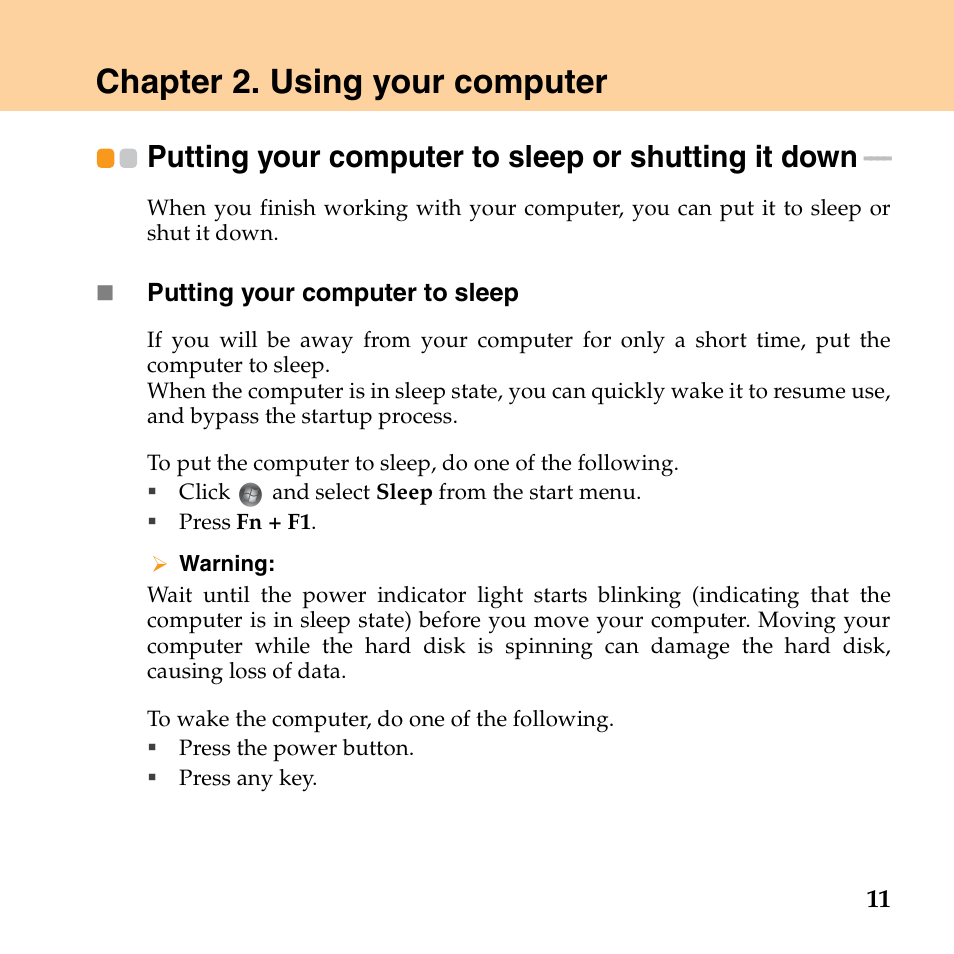 Chapter 2. using your computer, Putting your computer to sleep or shutting it down | Lenovo E43 Notebook User Manual | Page 17 / 142