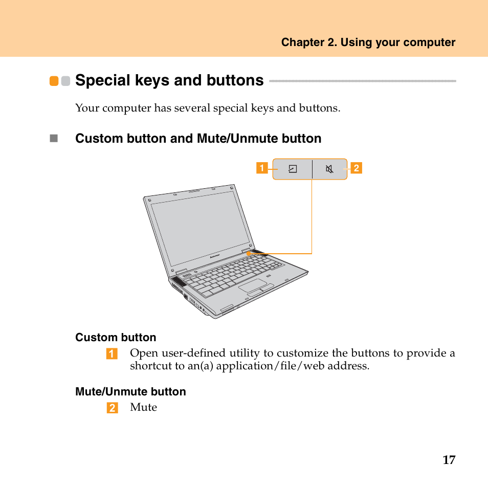 Special keys and buttons | Lenovo E43 Notebook User Manual | Page 23 / 142