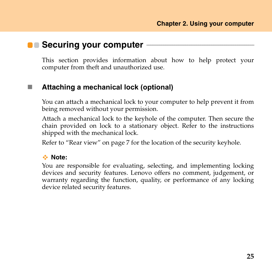 Securing your computer | Lenovo E43 Notebook User Manual | Page 31 / 142