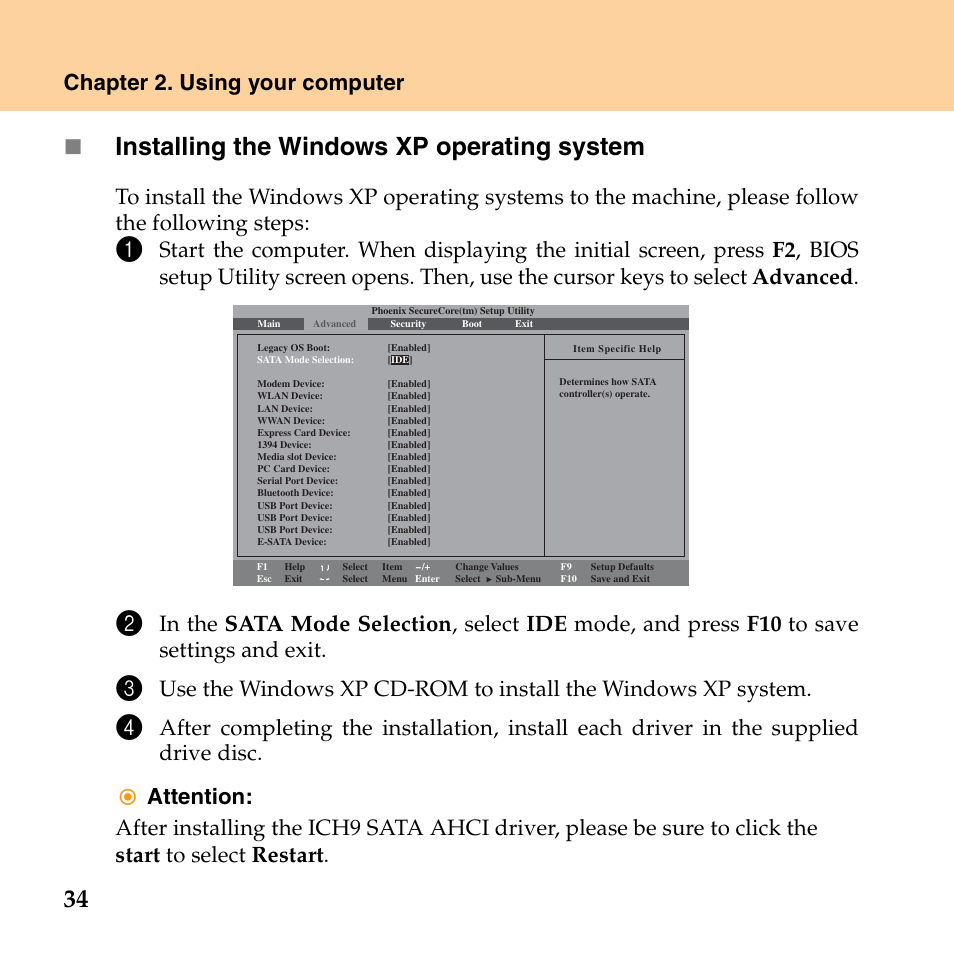 Installing the windows xp operating system, Chapter 2. using your computer | Lenovo E43 Notebook User Manual | Page 40 / 142