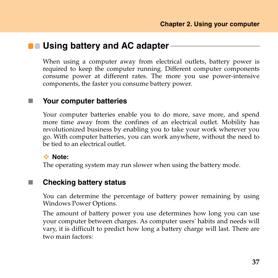Using battery and ac adapter | Lenovo E43 Notebook User Manual | Page 43 / 142