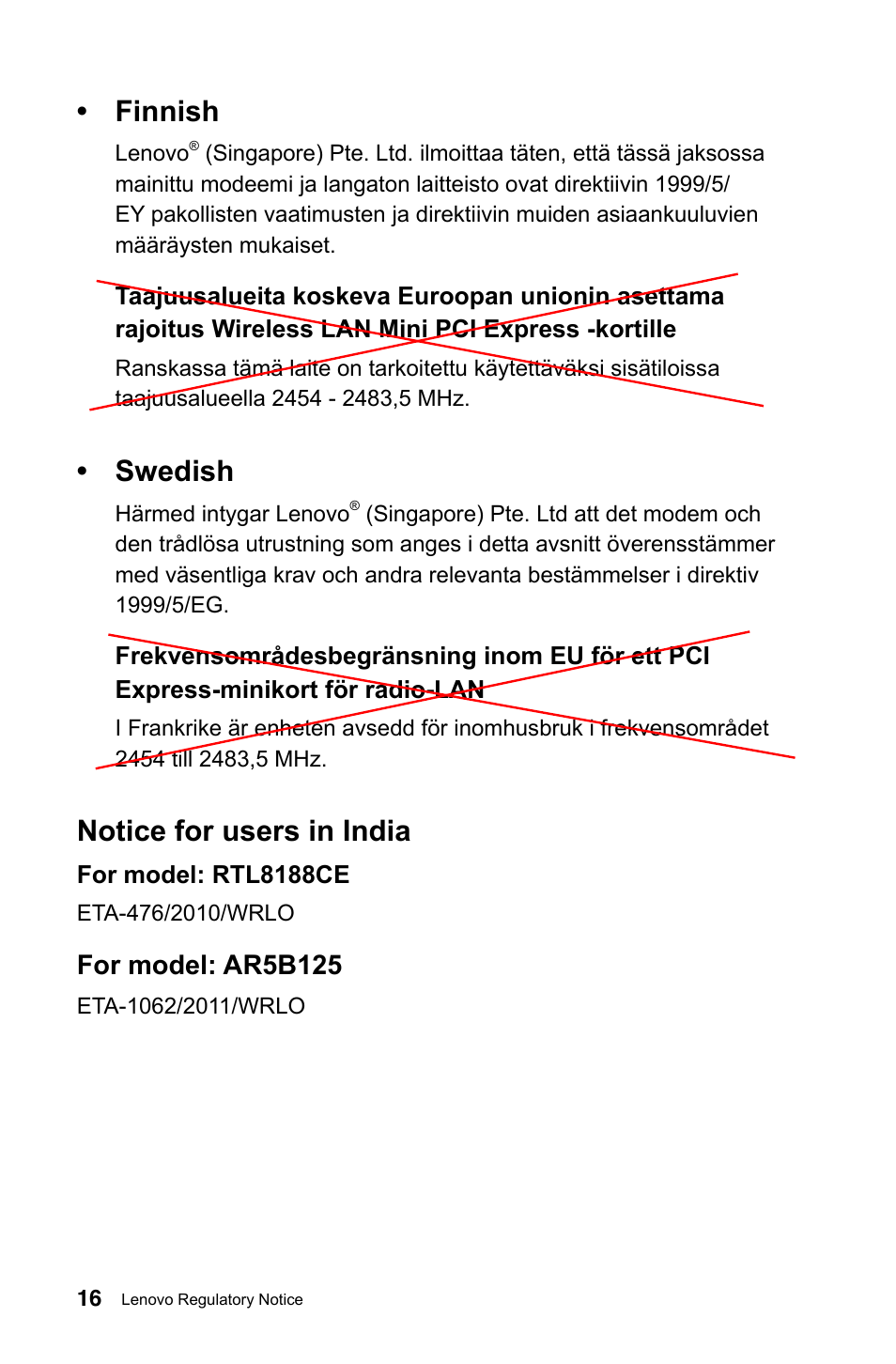 Finnish, Swedish, Notice for users in india | For model: ar5b125 | Lenovo IdeaCentre K430 User Manual | Page 17 / 30