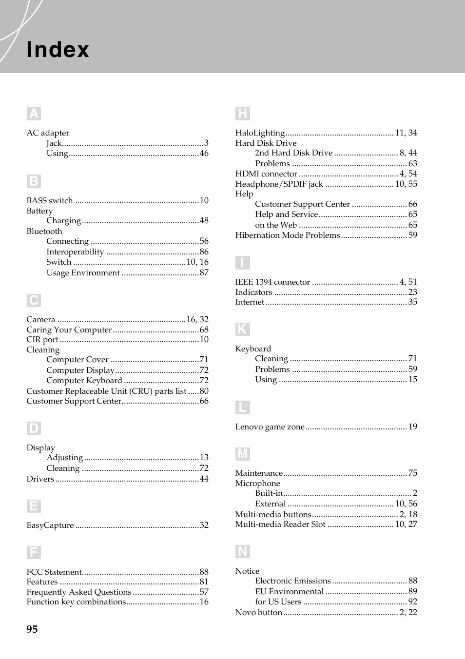 Index | Lenovo IdeaPad Y710 User Manual | Page 100 / 102