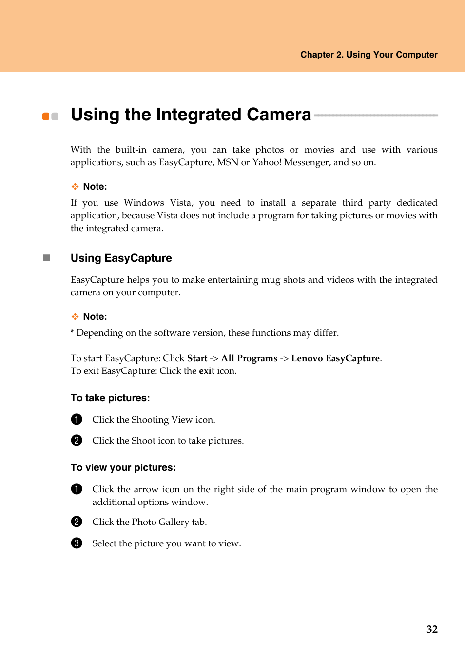 Using the integrated camera | Lenovo IdeaPad Y710 User Manual | Page 37 / 102