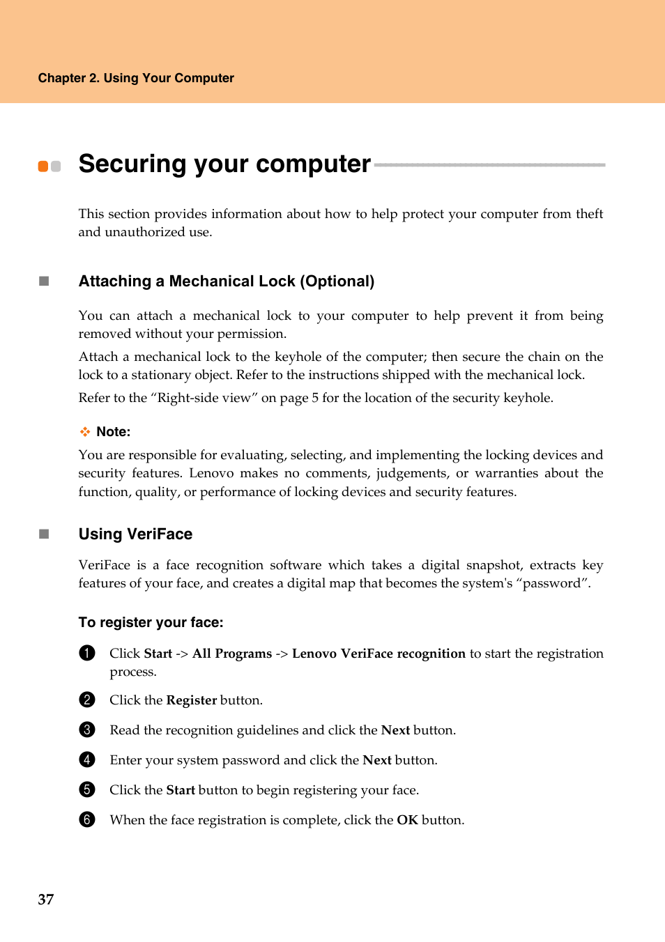 Securing your computer | Lenovo IdeaPad Y710 User Manual | Page 42 / 102