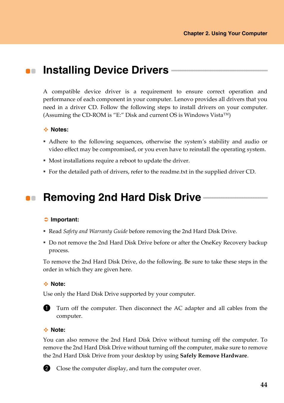 Installing device drivers, Removing 2nd hard disk drive | Lenovo IdeaPad Y710 User Manual | Page 49 / 102