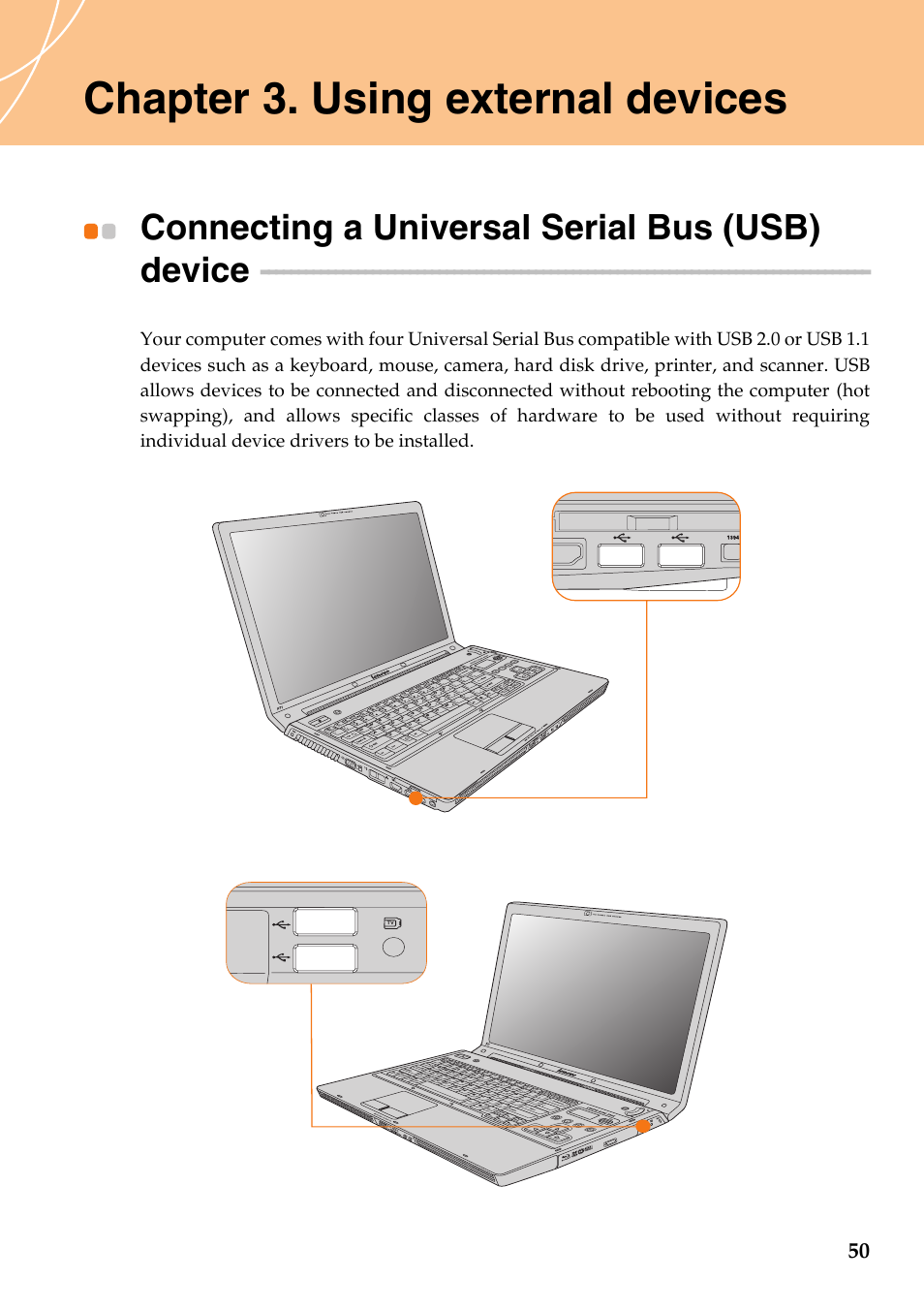 Chapter 3. using external devices, Connecting a universal serial bus (usb) device | Lenovo IdeaPad Y710 User Manual | Page 55 / 102