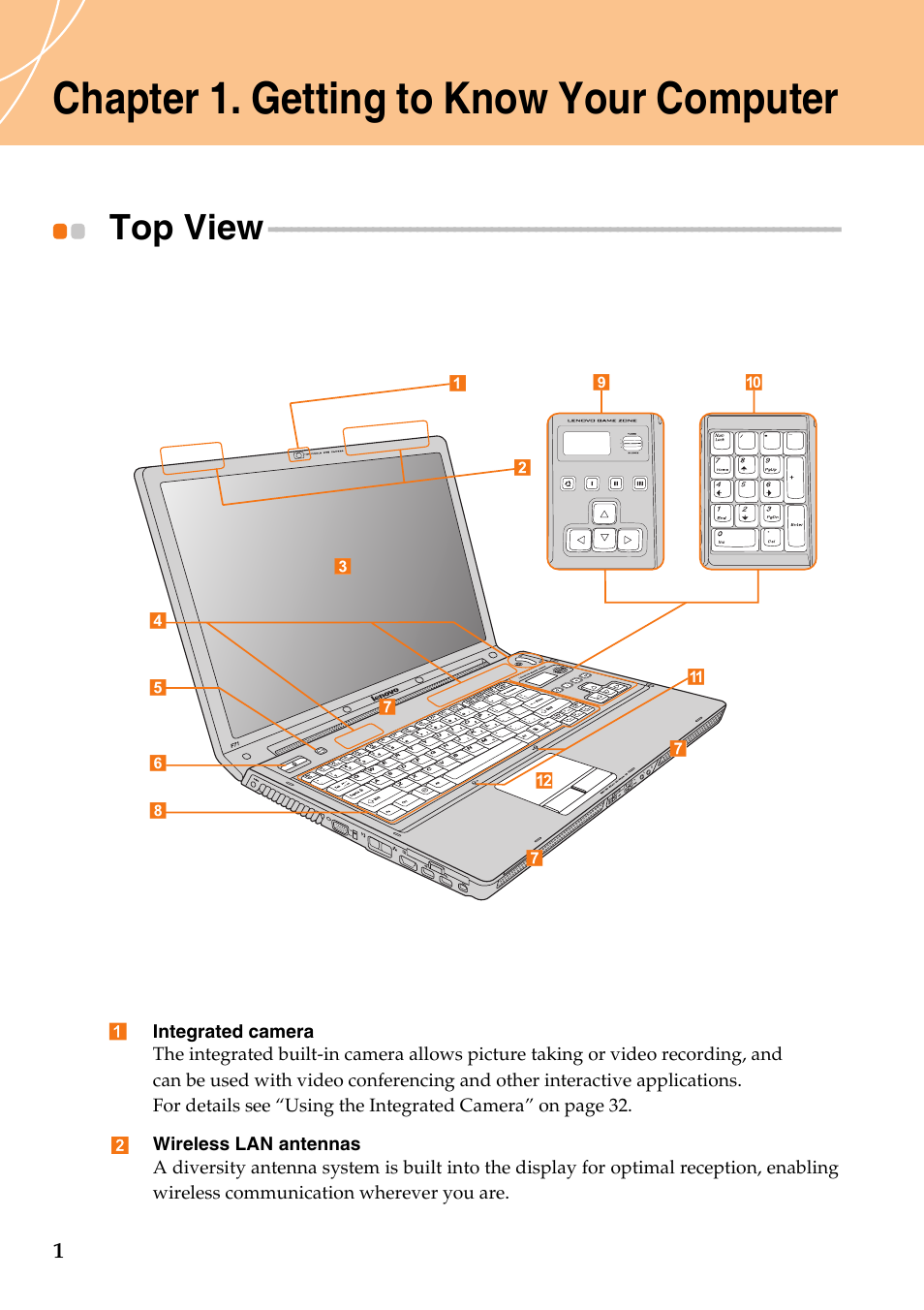 Chapter 1. getting to know your computer, Top view | Lenovo IdeaPad Y710 User Manual | Page 6 / 102