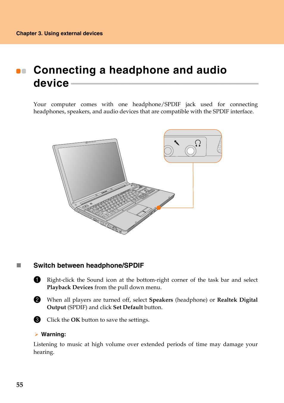 Connecting a headphone and audio device | Lenovo IdeaPad Y710 User Manual | Page 60 / 102