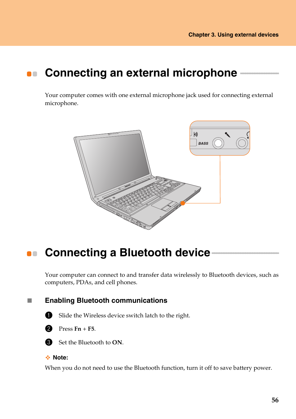 Connecting an external microphone, Connecting a bluetooth device | Lenovo IdeaPad Y710 User Manual | Page 61 / 102