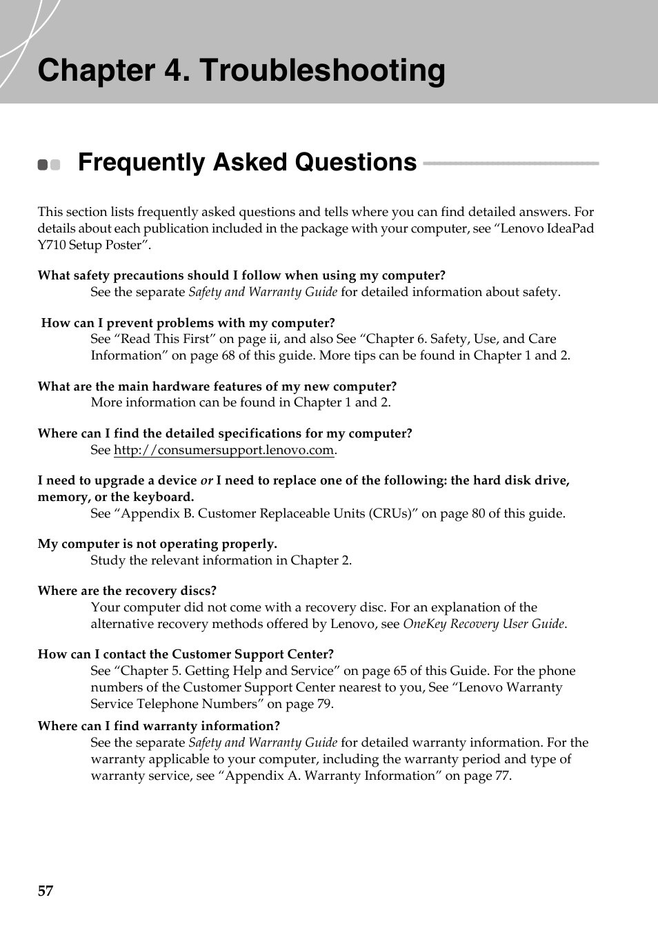 Chapter 4. troubleshooting, Frequently asked questions | Lenovo IdeaPad Y710 User Manual | Page 62 / 102