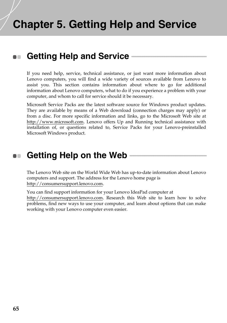 Chapter 5. getting help and service, Getting help and service, Getting help on the web | Getting help and service getting help on the web | Lenovo IdeaPad Y710 User Manual | Page 70 / 102