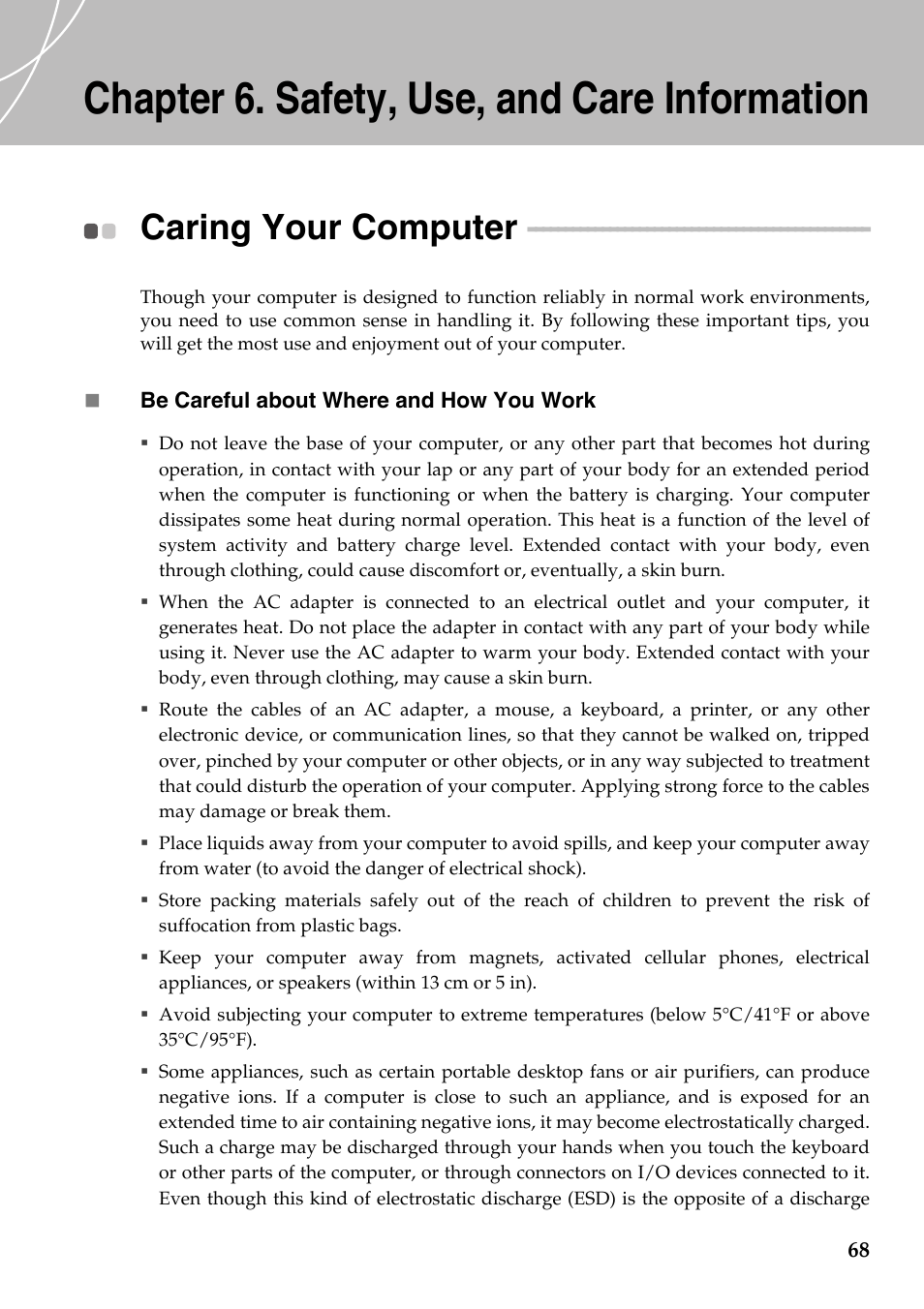 Chapter 6. safety, use, and care information, Caring your computer | Lenovo IdeaPad Y710 User Manual | Page 73 / 102