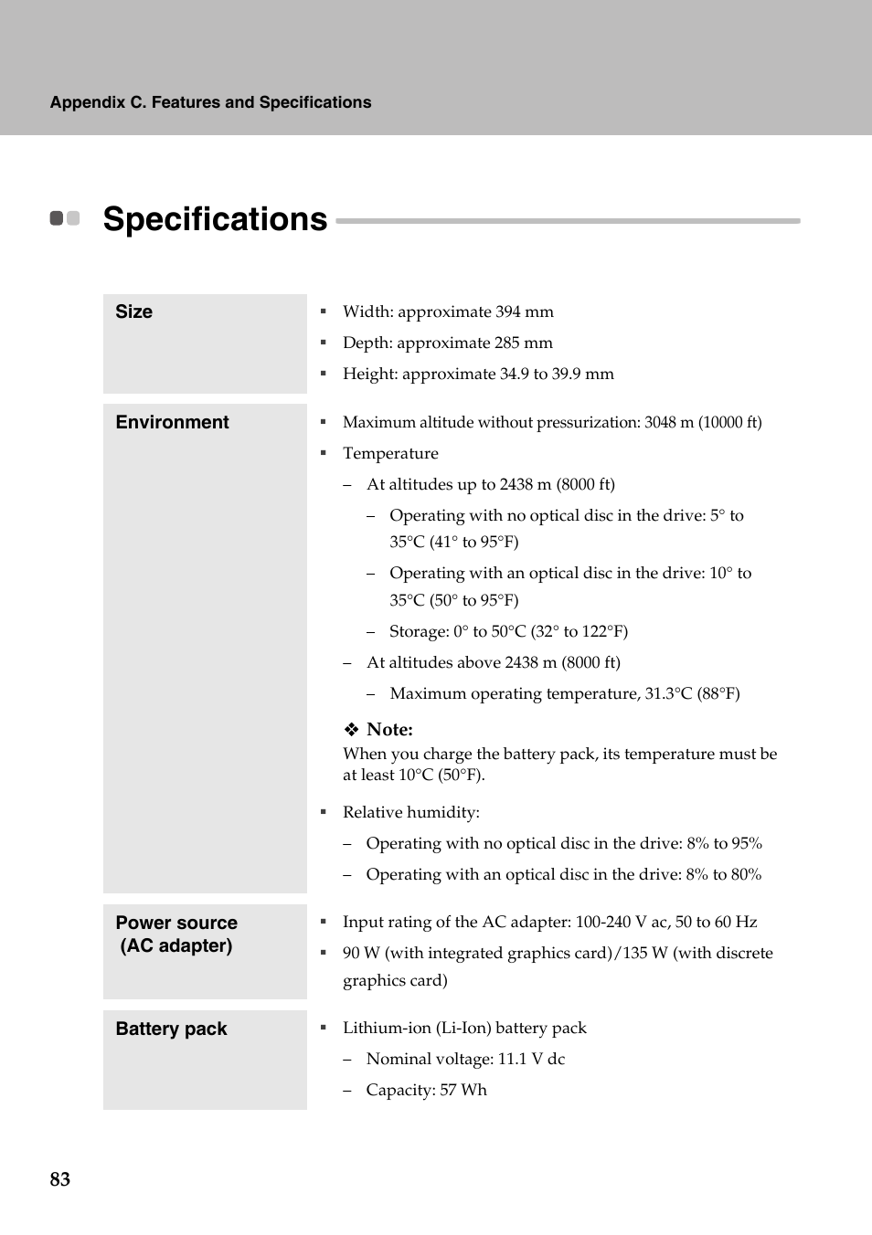 Specifications | Lenovo IdeaPad Y710 User Manual | Page 88 / 102