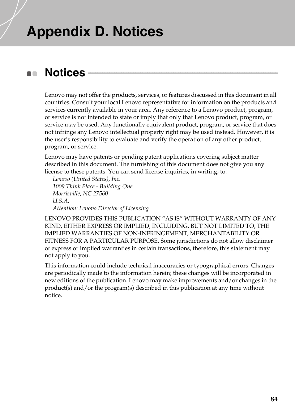 Appendix d. notices, Notices | Lenovo IdeaPad Y710 User Manual | Page 89 / 102