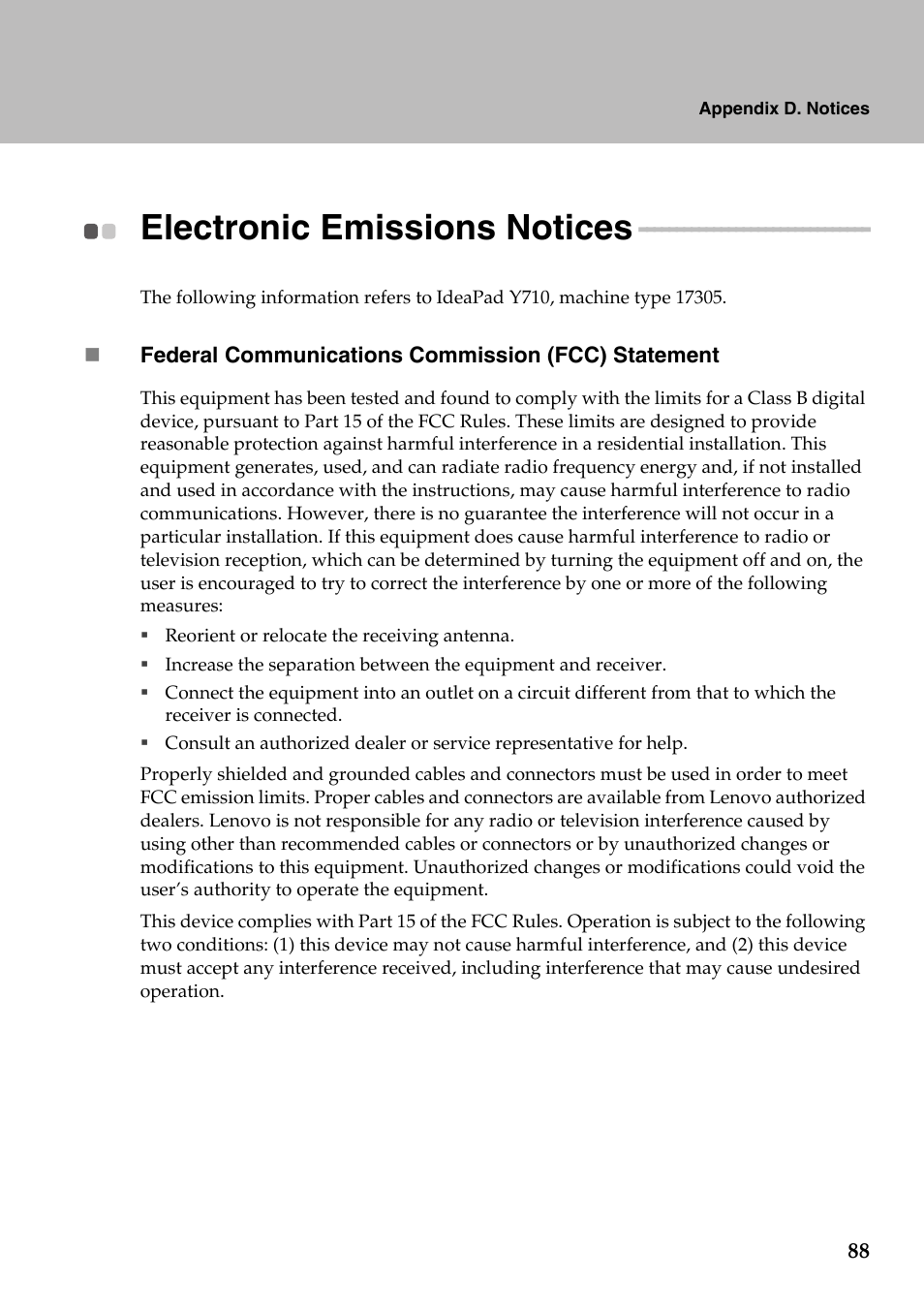 Electronic emissions notices | Lenovo IdeaPad Y710 User Manual | Page 93 / 102