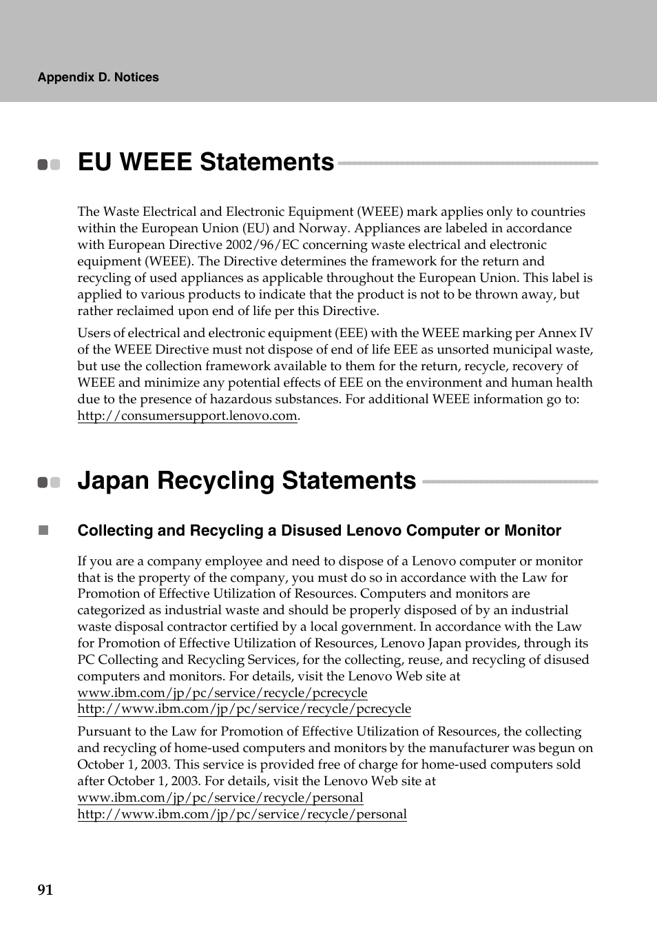 Eu weee statements, Japan recycling statements, Eu weee statements japan recycling statements | Lenovo IdeaPad Y710 User Manual | Page 96 / 102