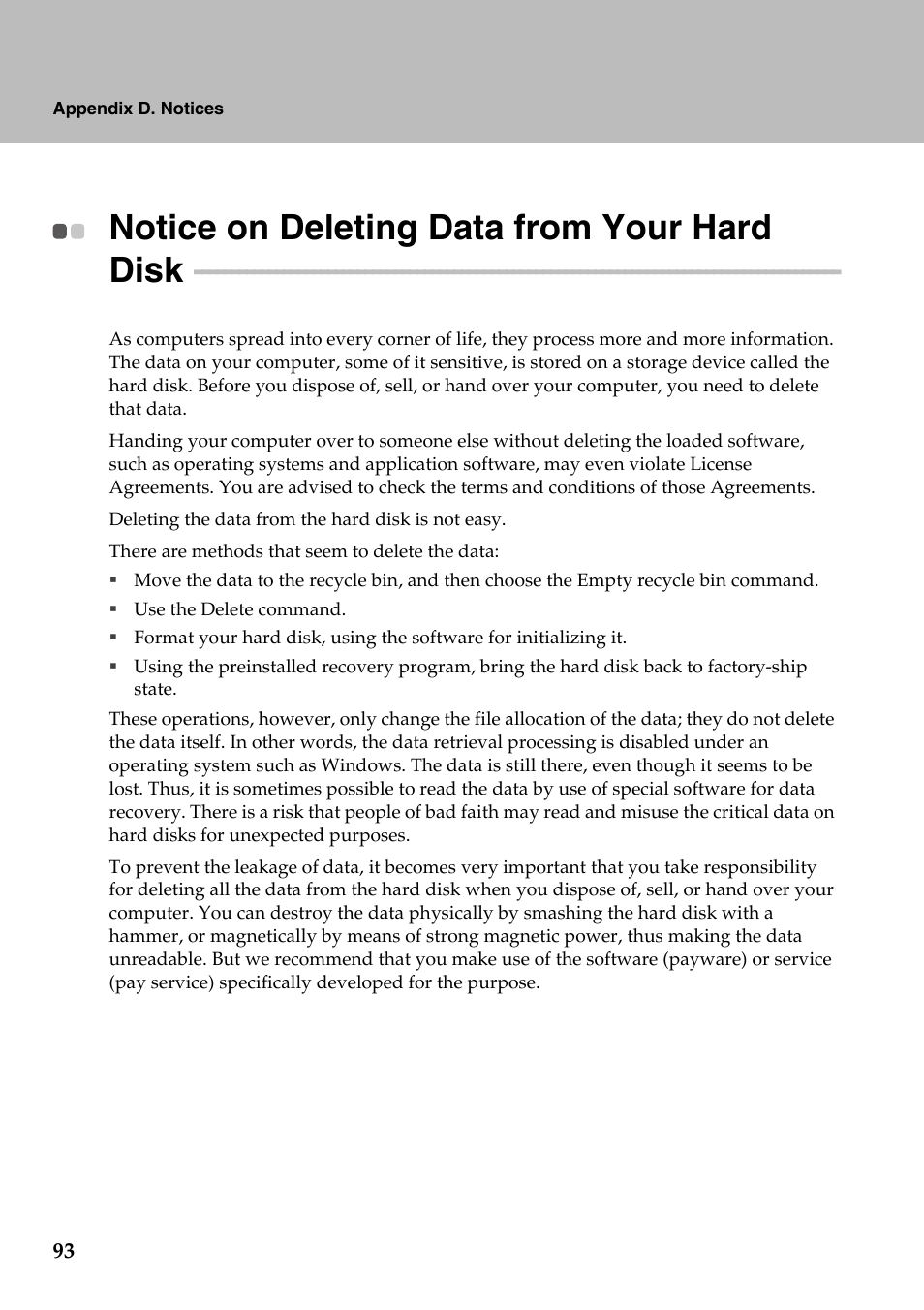 Notice on deleting data from your hard disk | Lenovo IdeaPad Y710 User Manual | Page 98 / 102