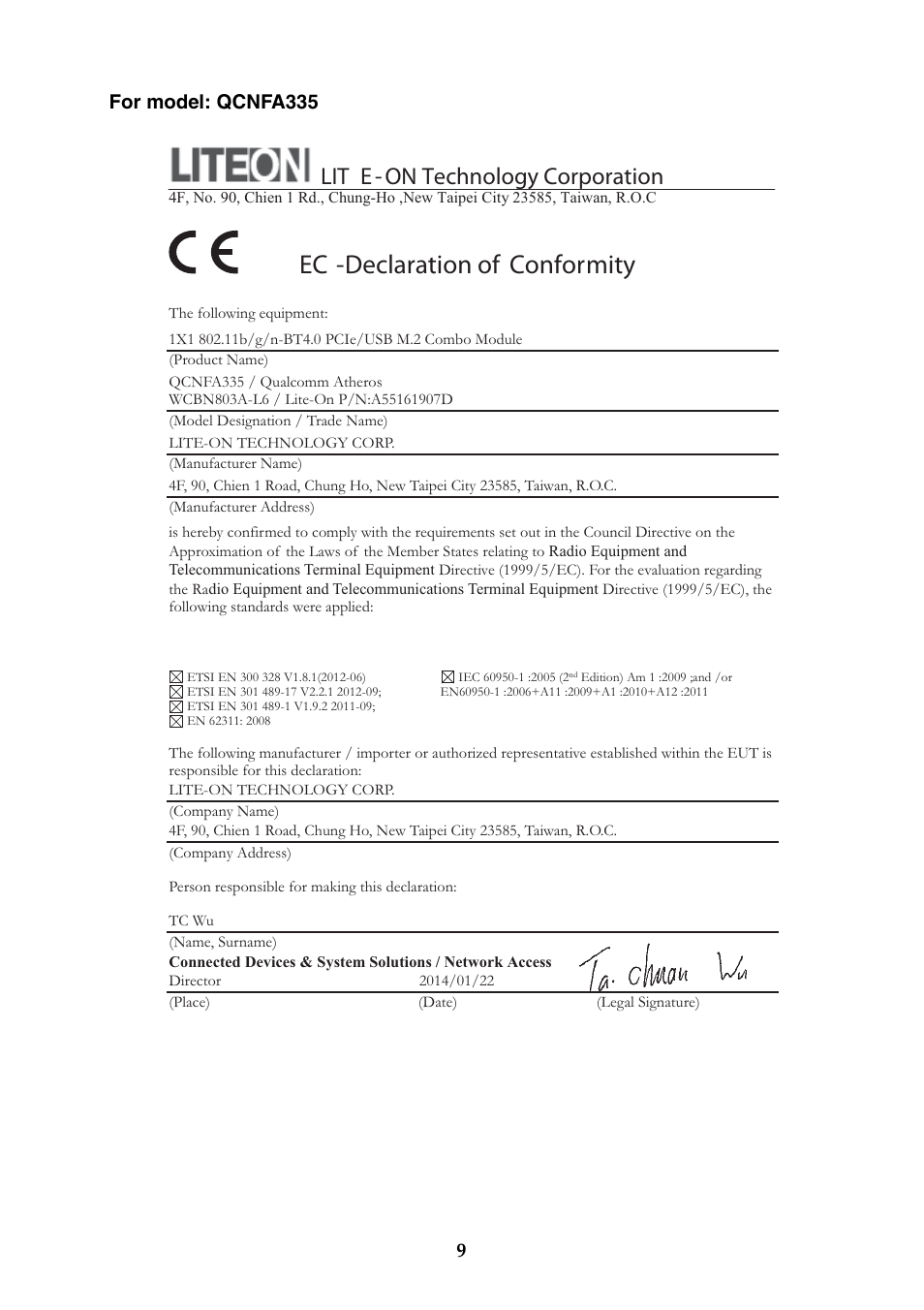 Ec -declaration of conformity, Lit e - on technology corporation | Lenovo S20-30 Touch Notebook User Manual | Page 10 / 14
