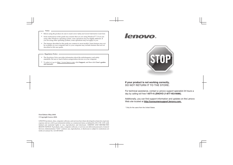 Do not return it to the store, If your product is not working correctly | Lenovo B560 Notebook User Manual | Page 2 / 60