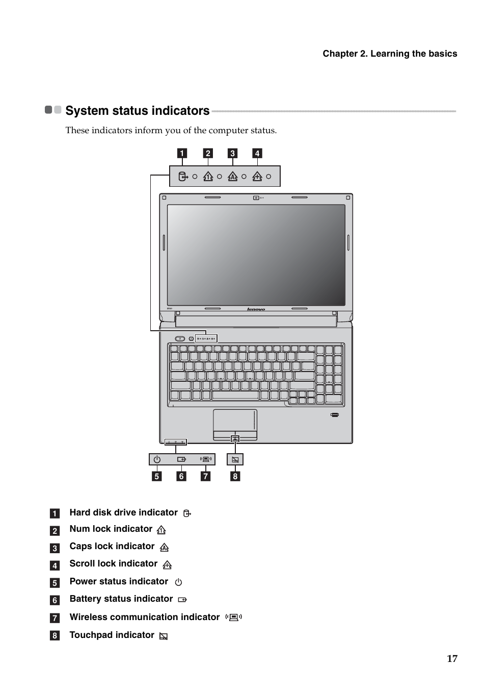 System status indicators | Lenovo B560 Notebook User Manual | Page 21 / 60