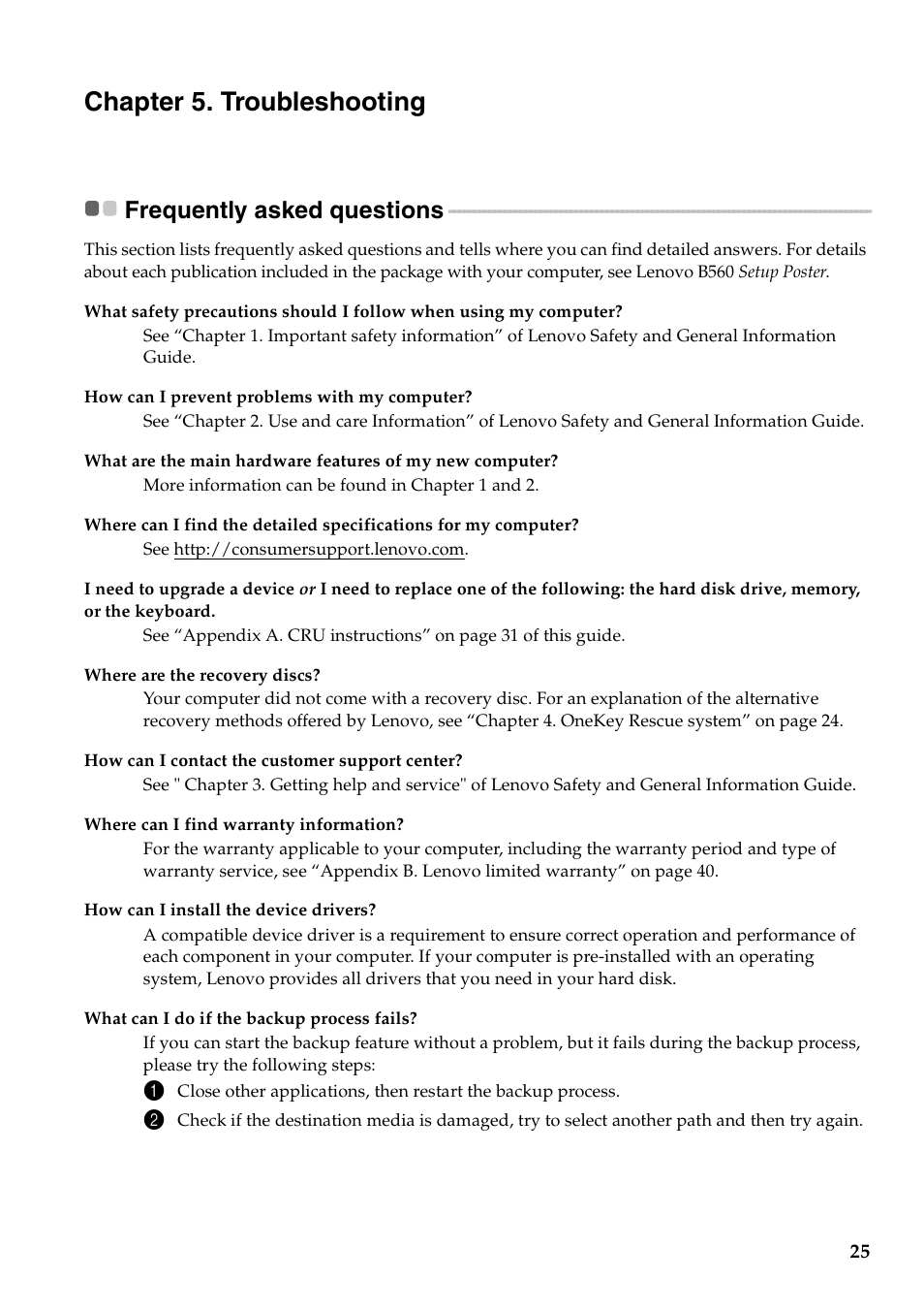 Chapter 5. troubleshooting, Frequently asked questions | Lenovo B560 Notebook User Manual | Page 29 / 60