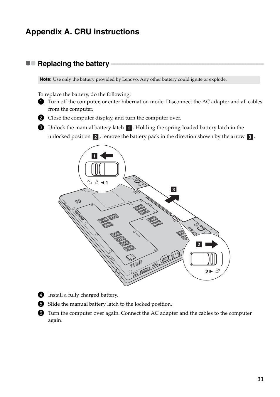 Appendix a. cru instructions, Replacing the battery | Lenovo B560 Notebook User Manual | Page 35 / 60