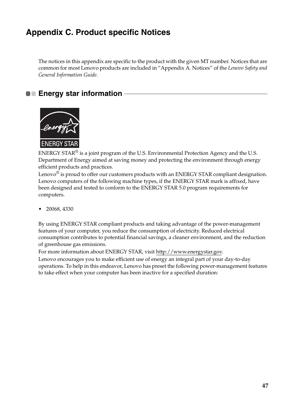 Appendix c. product specific notices, Energy star information | Lenovo B560 Notebook User Manual | Page 51 / 60