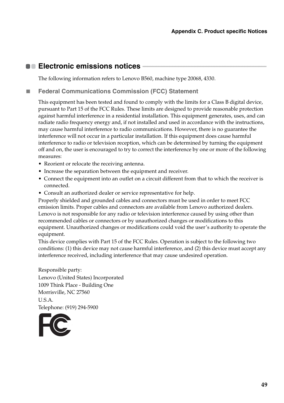 Electronic emissions notices | Lenovo B560 Notebook User Manual | Page 53 / 60