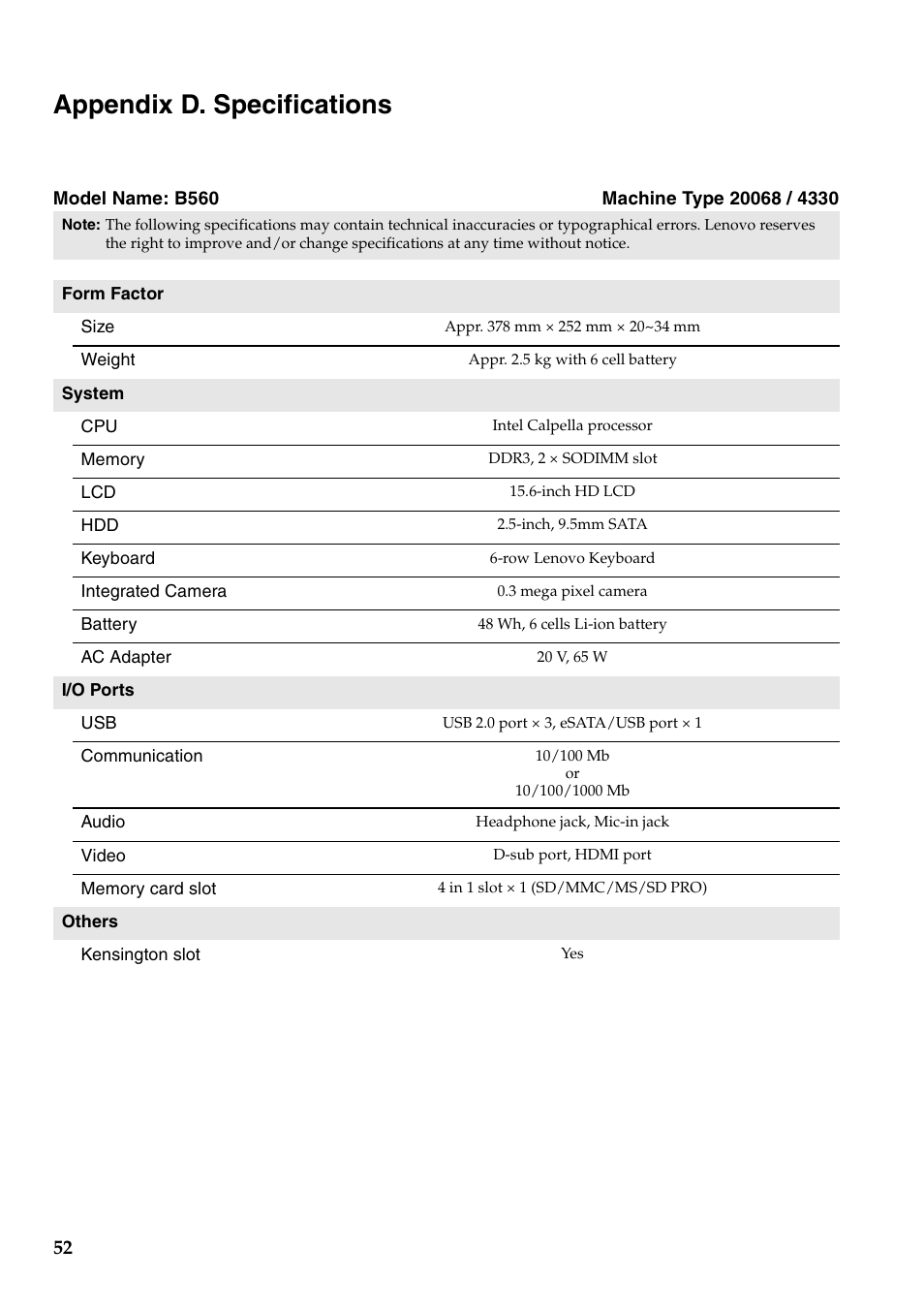 Appendix d. specifications, Model name: b560 machine type 20068 / 4330 | Lenovo B560 Notebook User Manual | Page 56 / 60