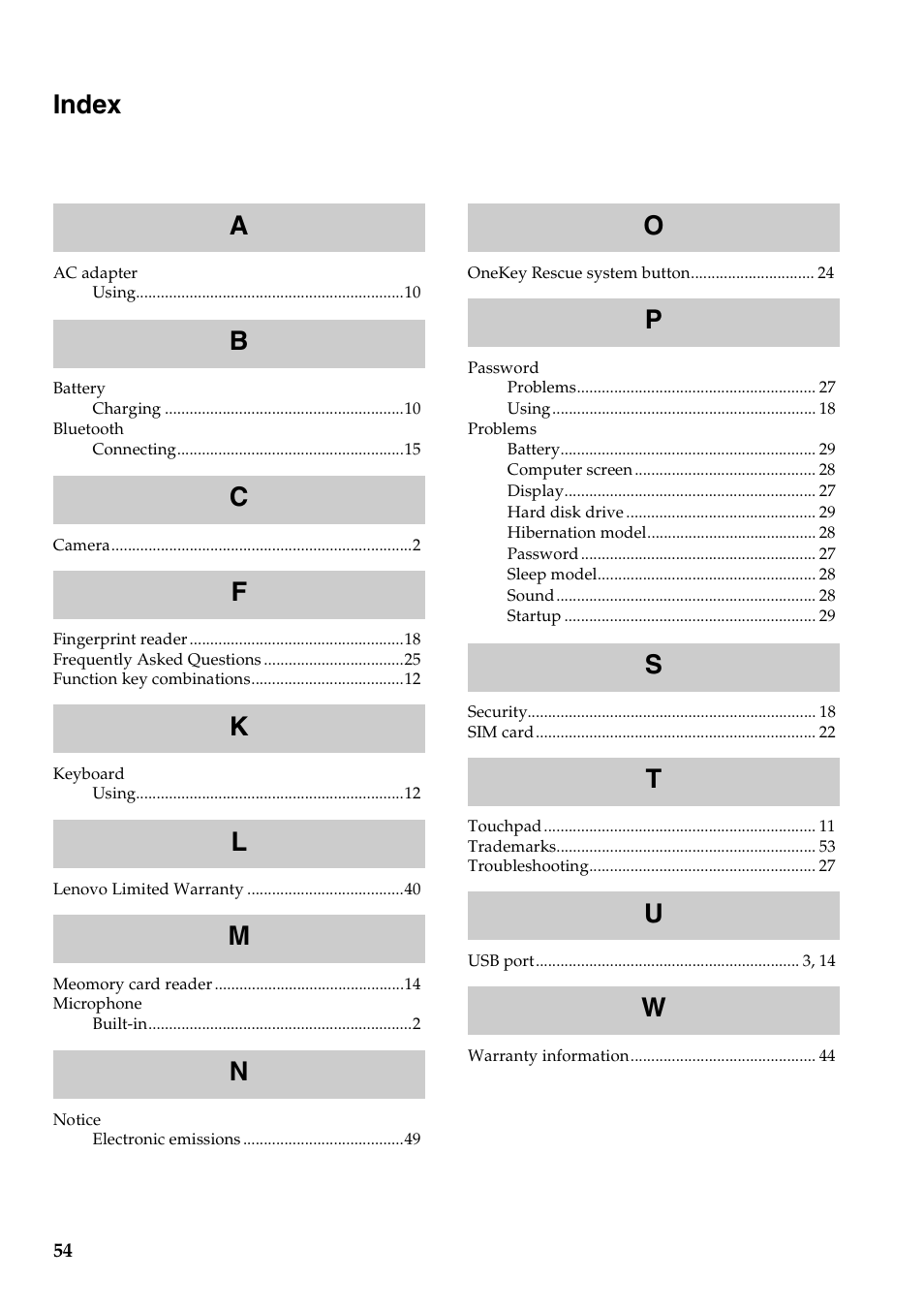 Index | Lenovo B560 Notebook User Manual | Page 58 / 60