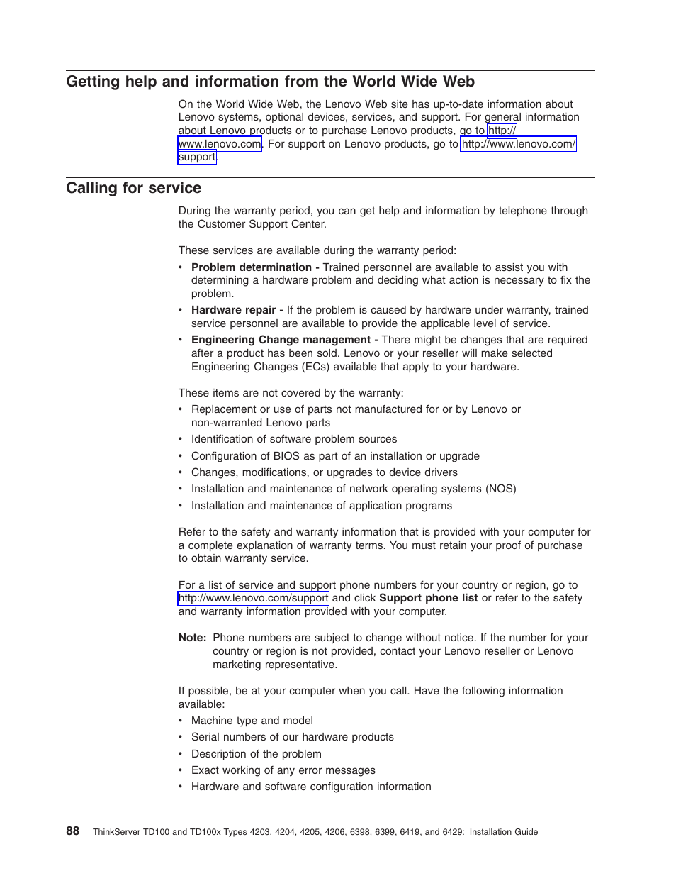 Calling for service, Getting, Help | Information, From, World, Wide, Calling, Service | Lenovo ThinkServer TD100x User Manual | Page 104 / 124