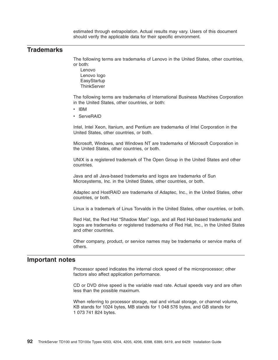Trademarks, Important notes, Important | Notes | Lenovo ThinkServer TD100x User Manual | Page 108 / 124