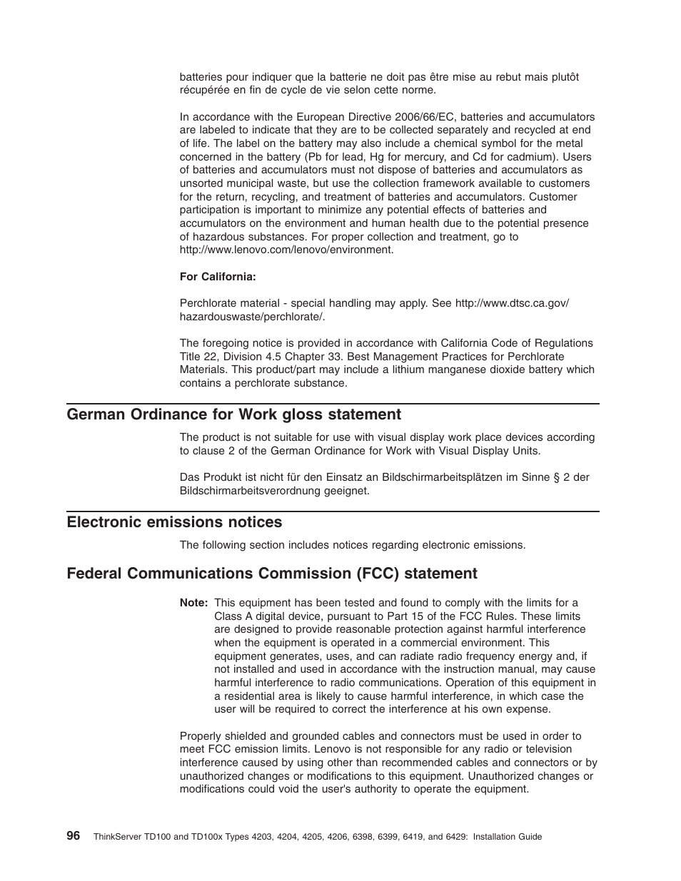 German ordinance for work gloss statement, Electronic emissions notices, Federal communications commission (fcc) statement | German, Ordinance, Work, Gloss, Statement, Electronic, Emissions | Lenovo ThinkServer TD100x User Manual | Page 112 / 124
