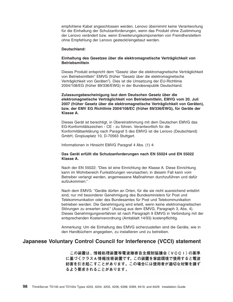 Japanese, Voluntary, Control | Council, Interference, Vcci), Statement | Lenovo ThinkServer TD100x User Manual | Page 114 / 124