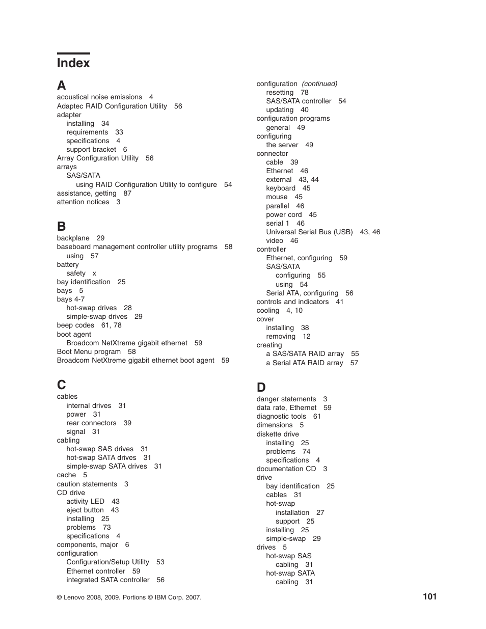 Index | Lenovo ThinkServer TD100x User Manual | Page 117 / 124