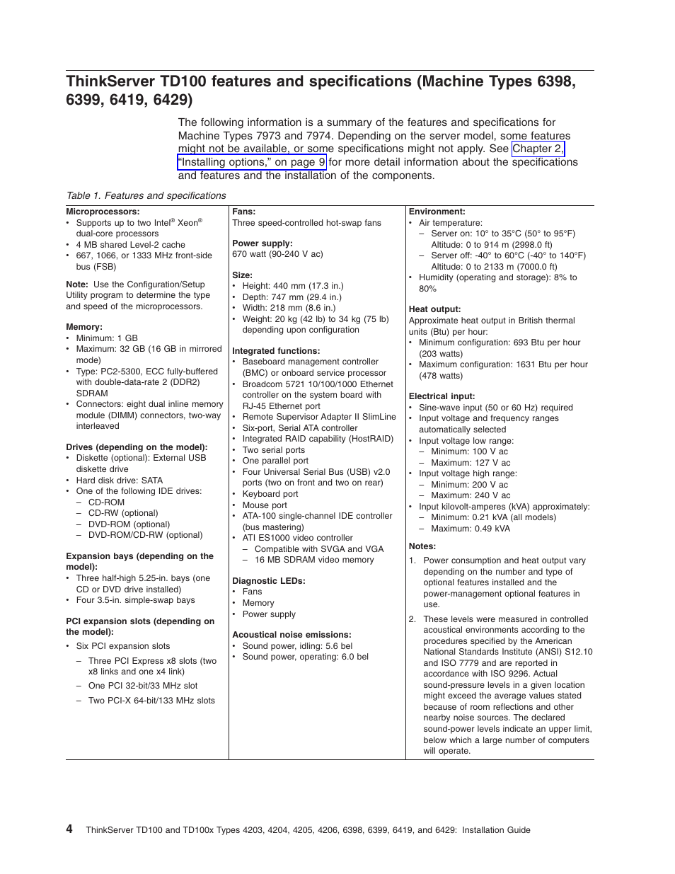 Thinkserver, Td100, Features | Specifications, Machine, Types | Lenovo ThinkServer TD100x User Manual | Page 20 / 124