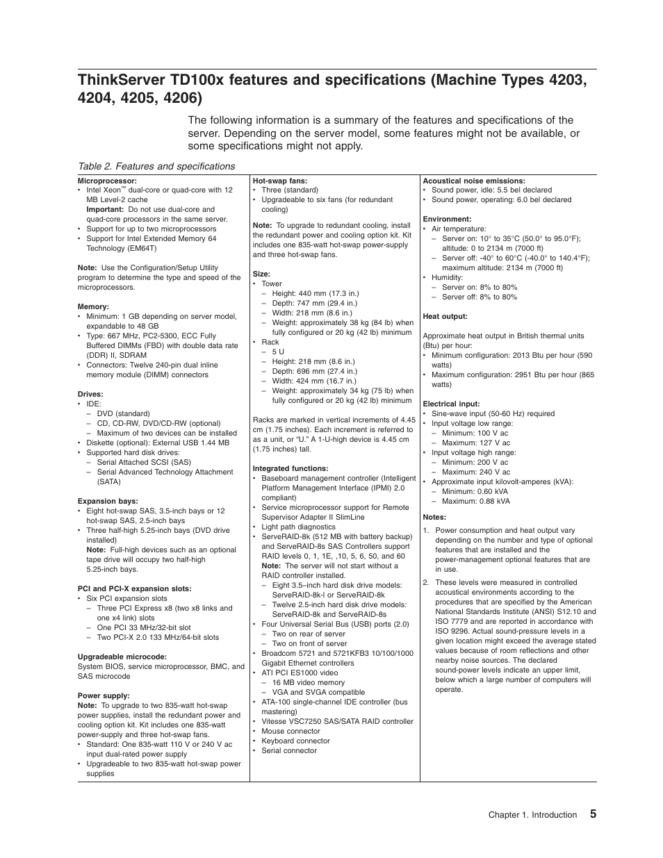 Thinkserver, Td100x, Features | Specifications, Machine, Types | Lenovo ThinkServer TD100x User Manual | Page 21 / 124