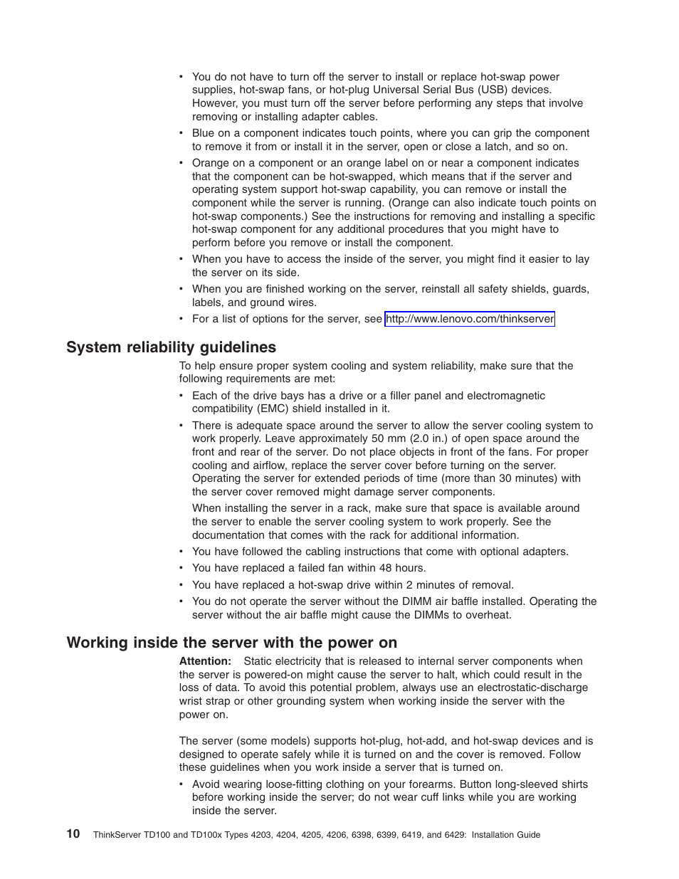 System reliability guidelines, Working inside the server with the power on, System | Reliability, Guidelines, Working, Inside, Server, With, Power | Lenovo ThinkServer TD100x User Manual | Page 26 / 124
